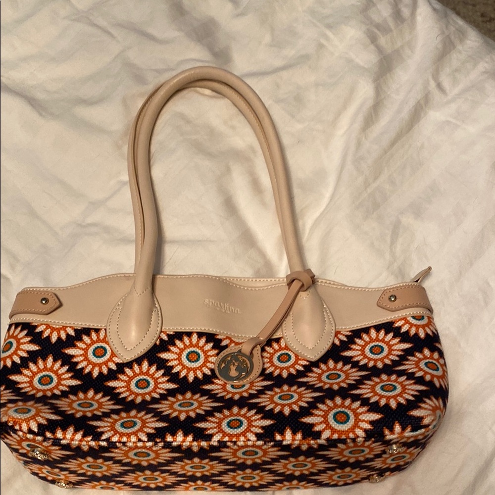 Spartina 449 Tan and Orange Shoulder Bag with Geometric Patterns